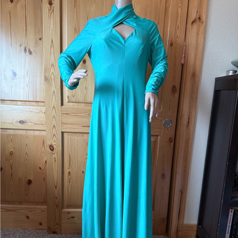 Vintage 70s I Magnin Robert David Morton Maxi Dress Gown S Teal